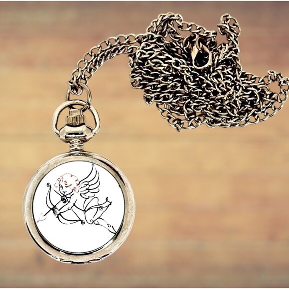 Accessories - Silver Plated Angel Pendant Watch on Long Chain with Fresh Battery Item #1051